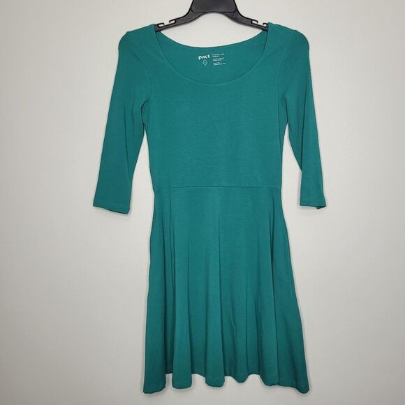 Pact Teal Green Fit and Flare Pockets Organic Cotton 3/4 Sleeve Dress Size small - Picture 1 of 6
